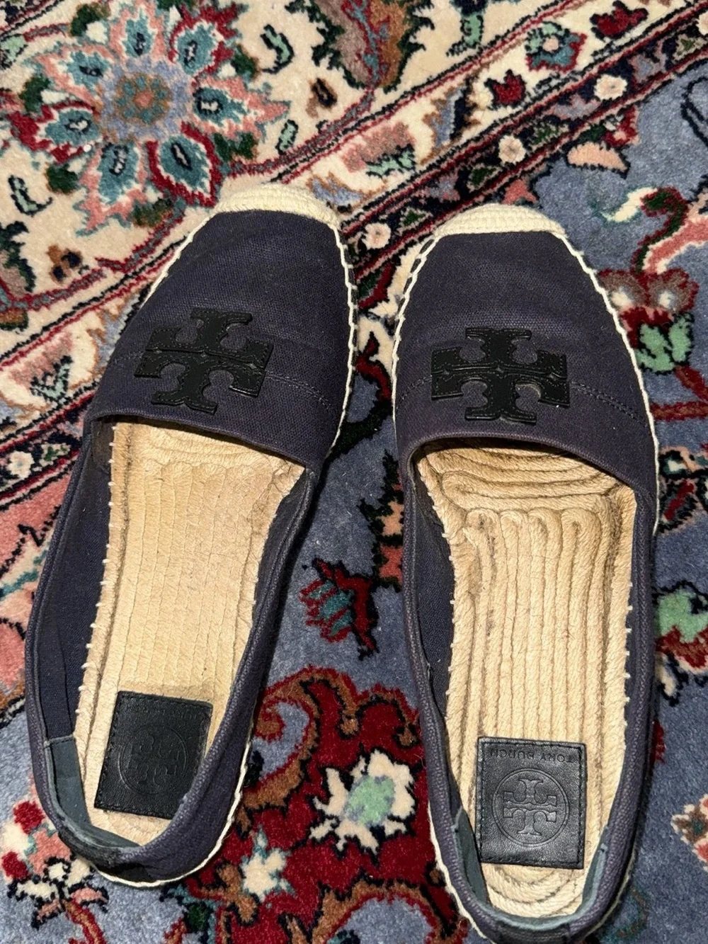 Tory Burch Weston Espadrille Flats Navy Canvas Logo Sz 9